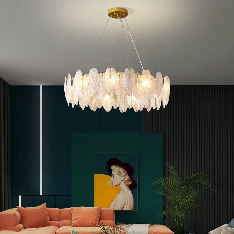 Artistic White Glass Feather Chandelier | Luxury LED Decor for Living Room, Bedroom & Dining Room