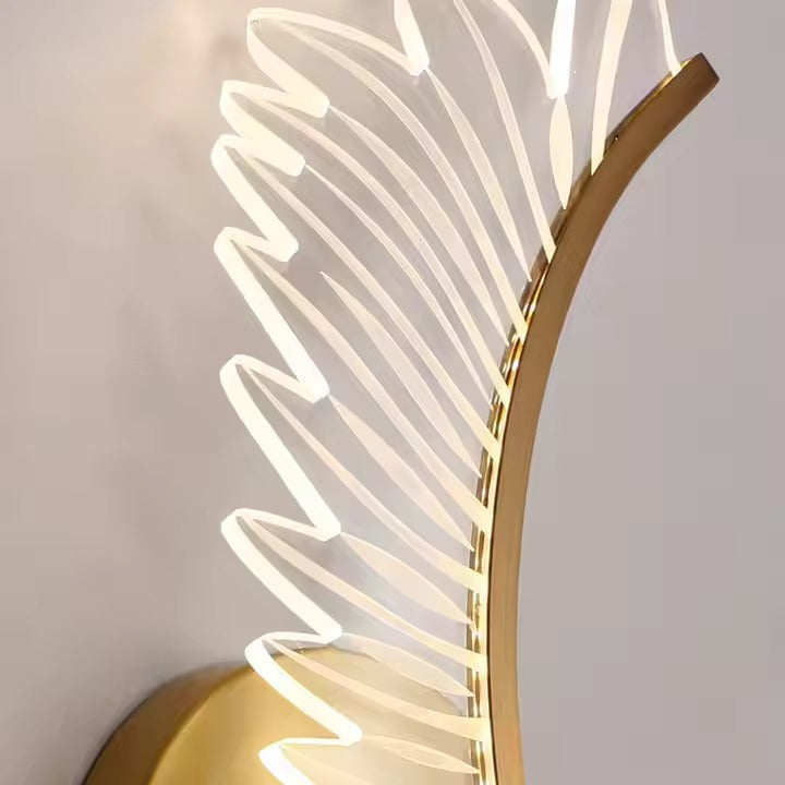 Elegant Gold Feather Acrylic Wall Lamp with LED Lighting – Modern Decor for Bedroom, Bedside, and Living Room Background