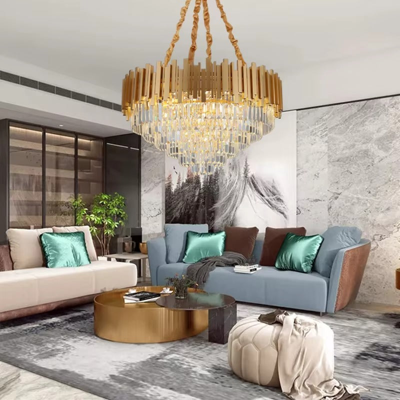 Modern Luxury Crystal Chandelier | Golden LED Pendant Light for Lobby, Living Room, Hotel & Villa