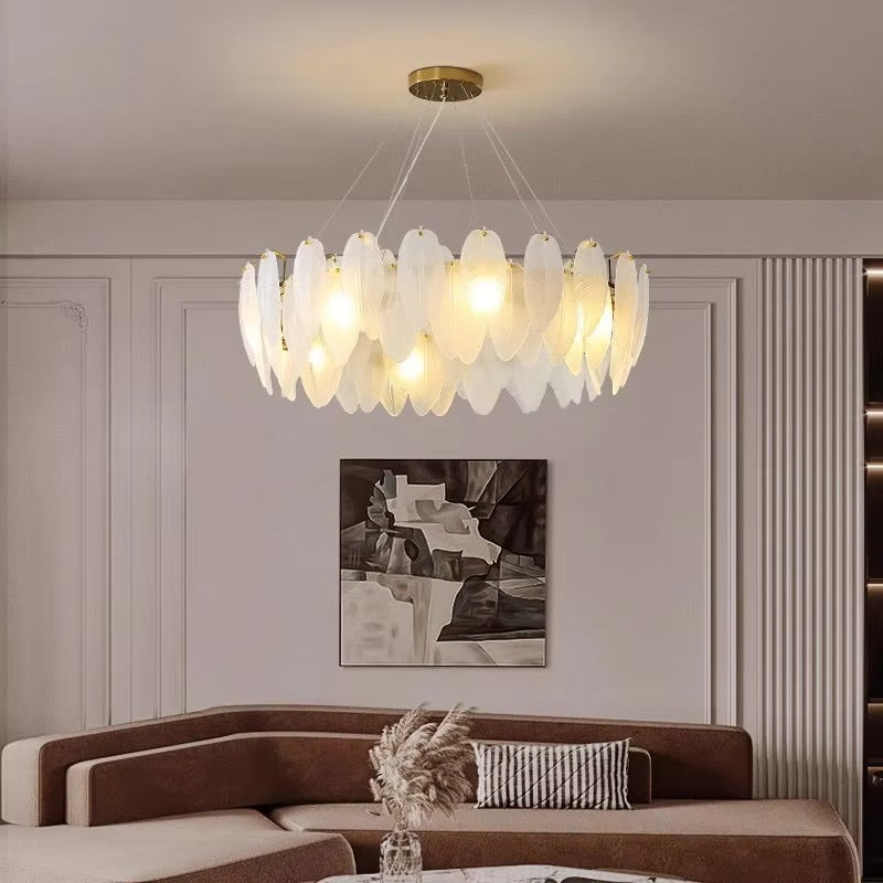 Artistic White Glass Feather Chandelier | Luxury LED Decor for Living Room, Bedroom & Dining Room