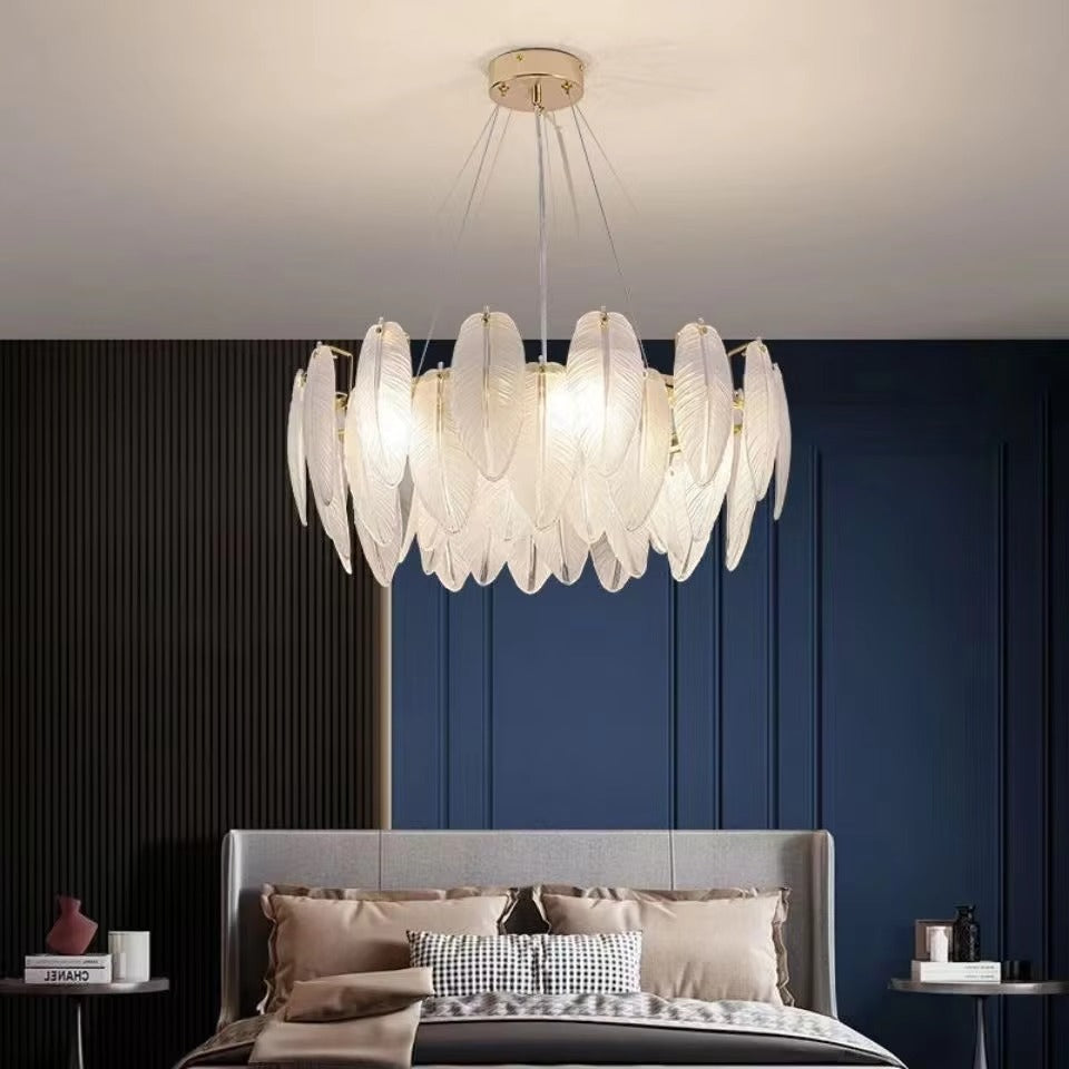 Artistic White Glass Feather Chandelier | Luxury LED Decor for Living Room, Bedroom & Dining Room