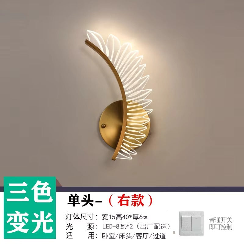 Elegant Gold Feather Acrylic Wall Lamp with LED Lighting – Modern Decor for Bedroom, Bedside, and Living Room Background