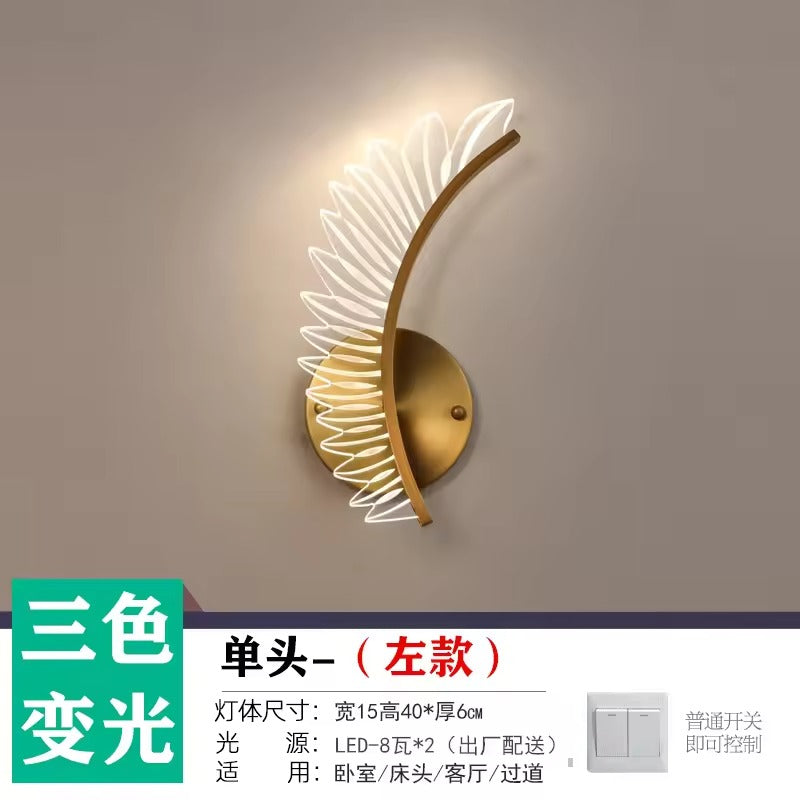 Elegant Gold Feather Acrylic Wall Lamp with LED Lighting – Modern Decor for Bedroom, Bedside, and Living Room Background