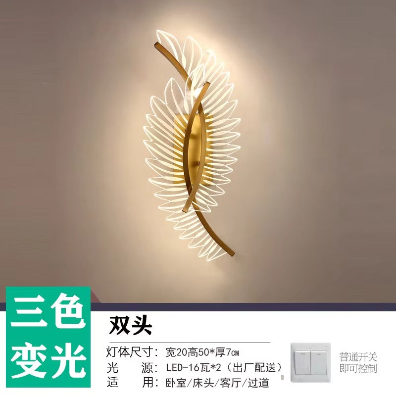 Elegant Gold Feather Acrylic Wall Lamp with LED Lighting – Modern Decor for Bedroom, Bedside, and Living Room Background